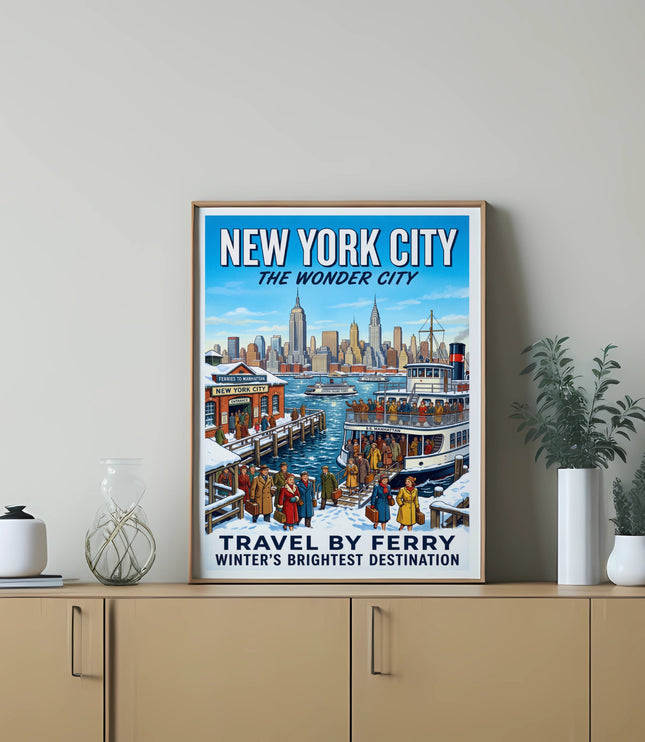 New York City poster with buildings, ferry, and people in winter snow.