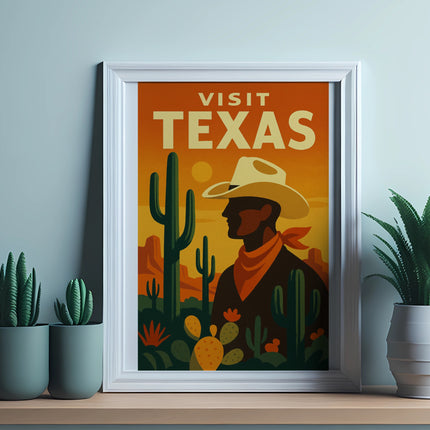 Visit Texas poster featuring a cowboy in a desert landscape.