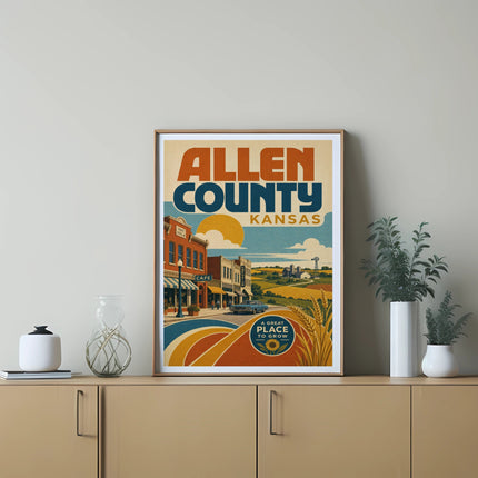 Allen County, Kansas retro travel poster with cityscape and farmland illustration.
