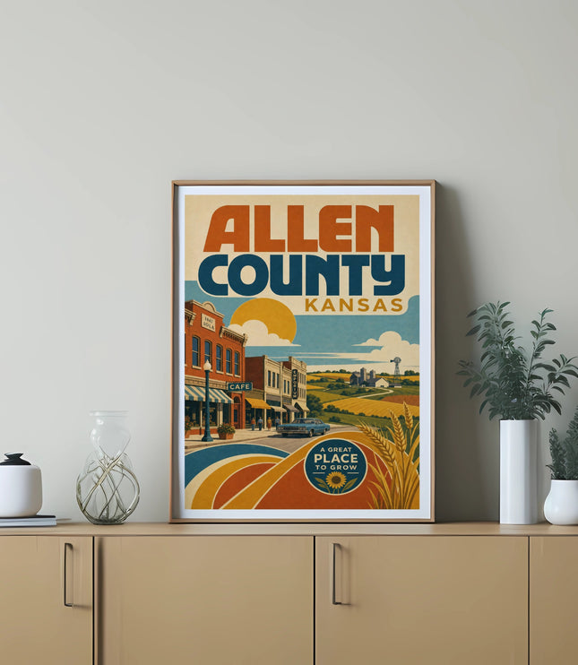 Allen County, Kansas retro travel poster with cityscape and farmland illustration.