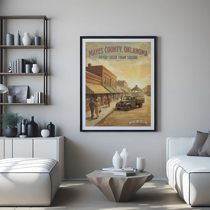 Vintage poster of Mayes County, Oklahoma, Pryor Creek Town Square with a truck and gazebo.