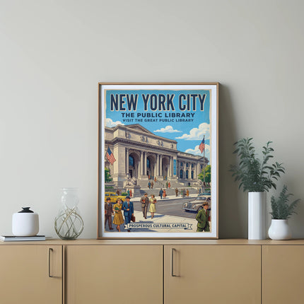 Vintage New York City Public Library poster with people on steps.