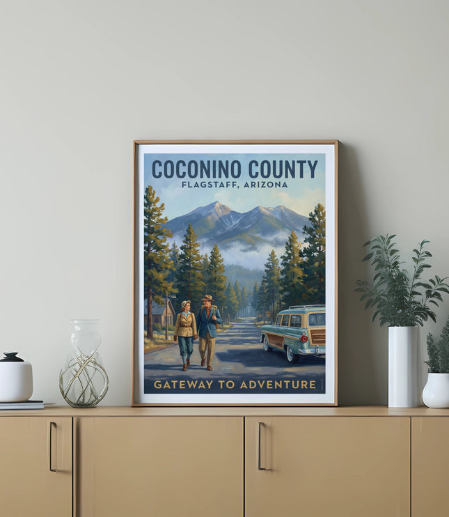 Coconino County, Flagstaff, Arizona "Gateway to Adventure" poster with couple walking and vintage car.