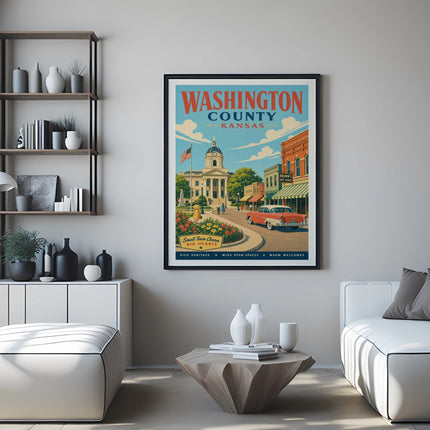 Vintage Washington County, Kansas travel poster with town scene and text.