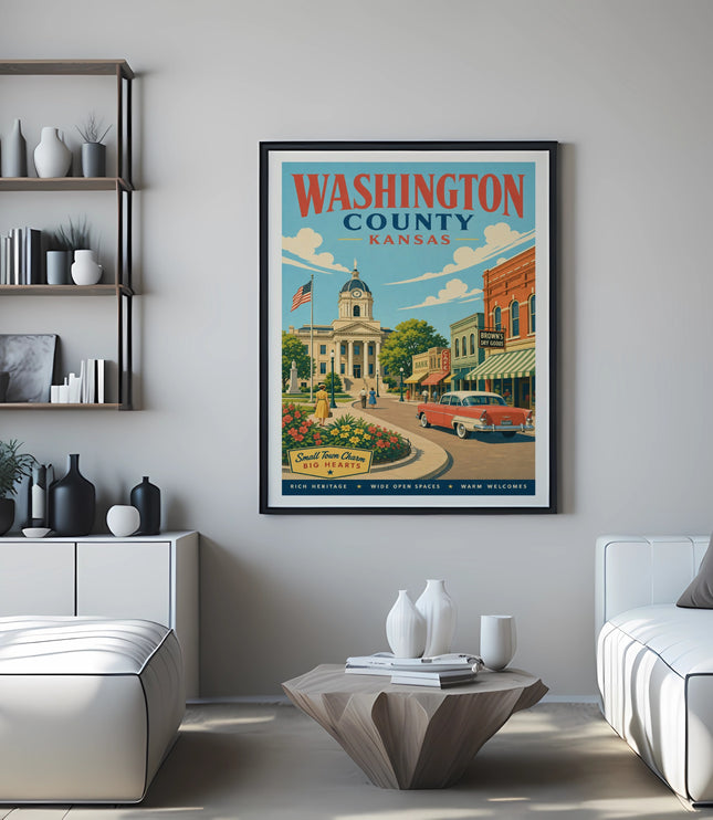Vintage Washington County, Kansas travel poster with town scene and text.