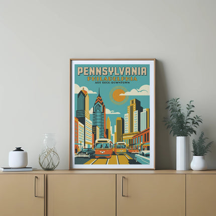 Philadelphia Art Deco cityscape with streetcars and tall buildings.