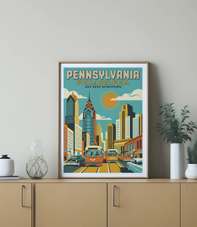 Philadelphia Art Deco cityscape with streetcars and tall buildings.
