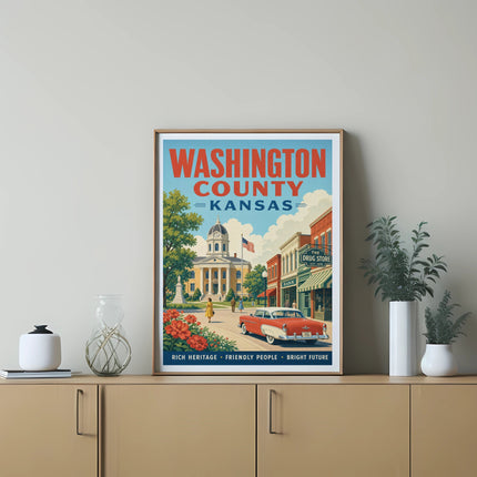 Vintage poster of Washington County, Kansas, with a red car.