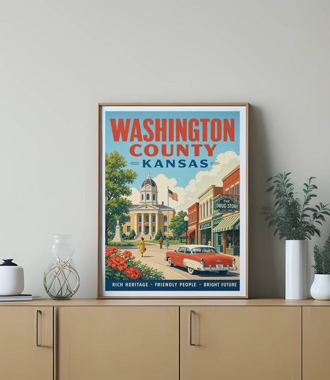 Vintage poster of Washington County, Kansas, with a red car.