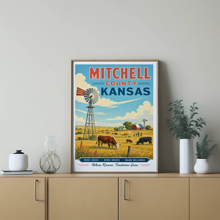Mitchell County, Kansas vintage travel poster with windmill and cattle.
