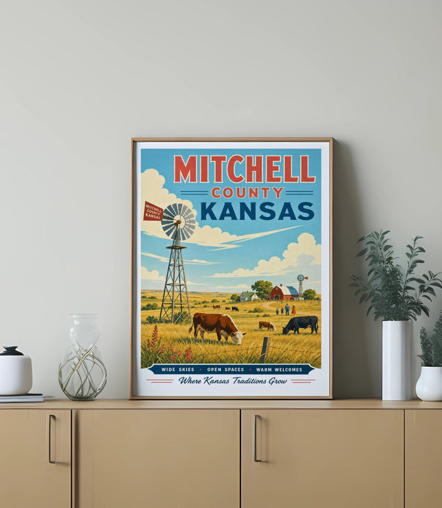 Mitchell County, Kansas vintage travel poster with windmill and cattle.