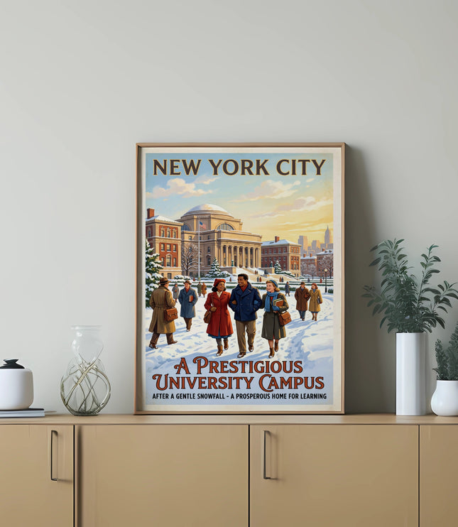 New York City poster of a prestigious university campus after snowfall.