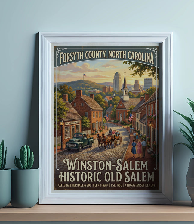 Forsyth County, North Carolina Historic Old Salem illustration featuring a street scene.