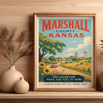 Vintage Marshall County Kansas travel poster with farm and sunflowers.