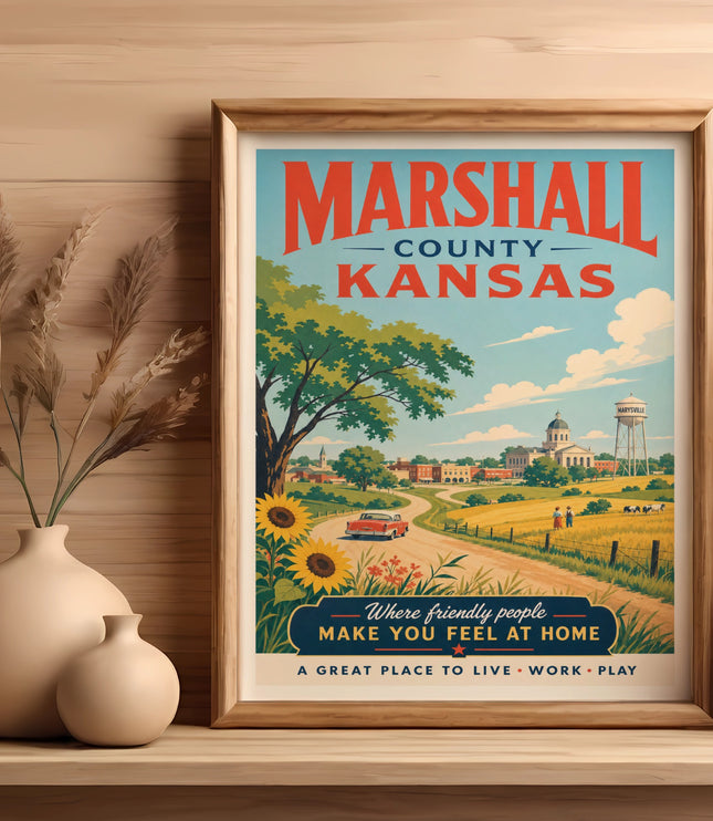 Vintage Marshall County Kansas travel poster with farm and sunflowers.
