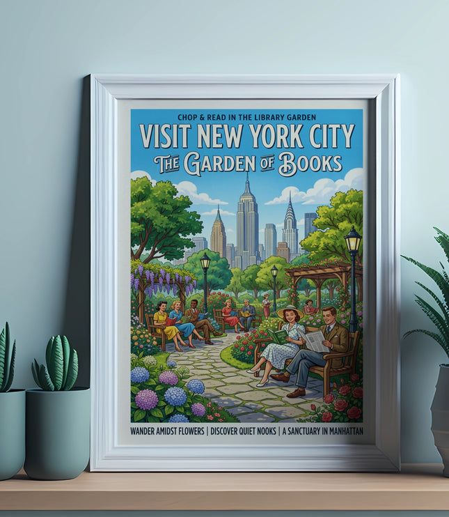 Vintage style poster for "Visit New York City: The Garden of Books."
