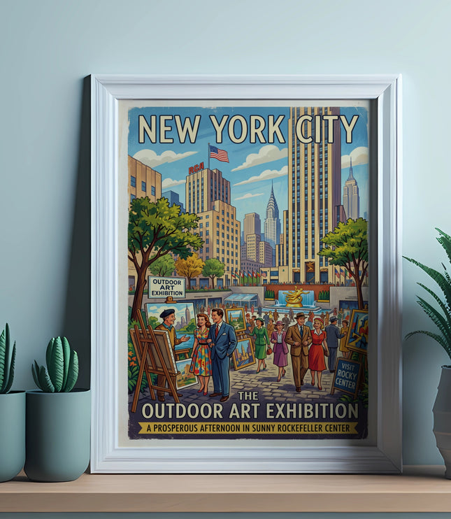 New York City outdoor art exhibition poster with people and skyscrapers.