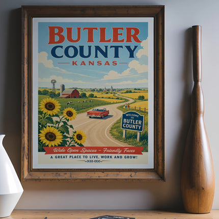 Butler County, Kansas travel poster with sunflowers and farm scene.