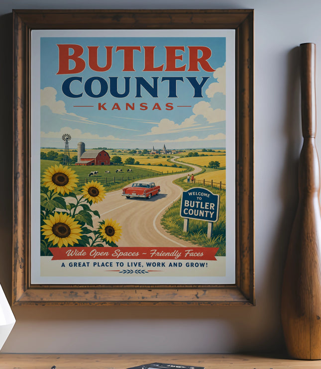 Butler County, Kansas travel poster with sunflowers and farm scene.