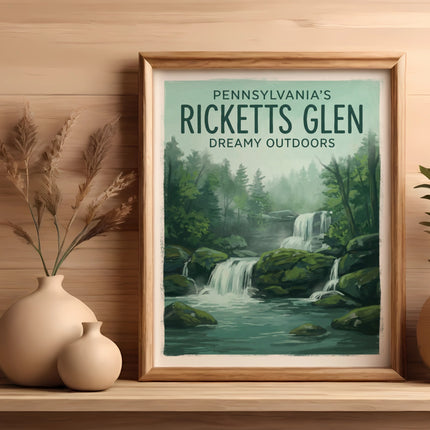 Framed artwork of Ricketts Glen State Park waterfall with text.