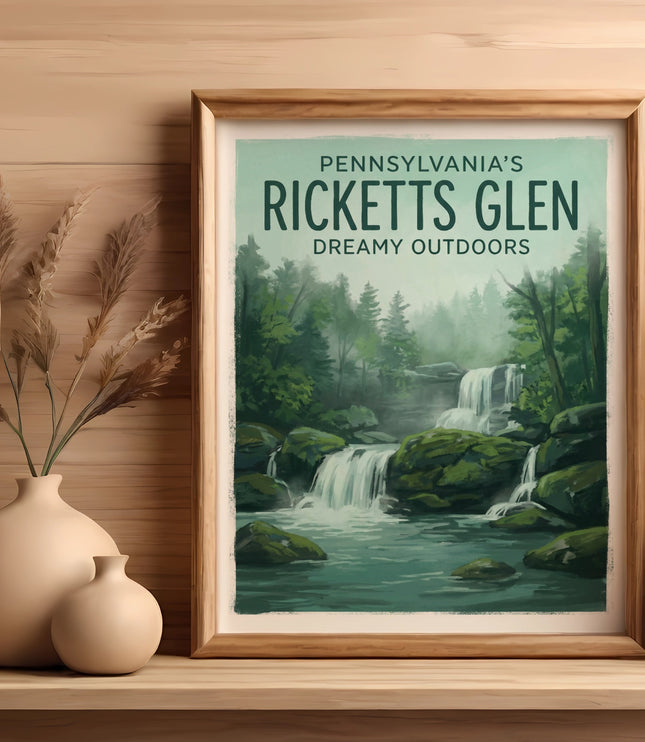 Framed artwork of Ricketts Glen State Park waterfall with text.