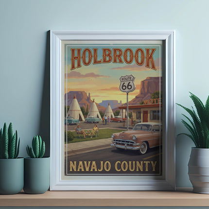 Holbrook Navajo County Route 66 poster with vintage cars and tepees.