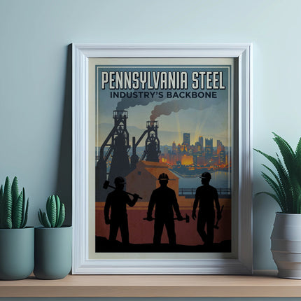 Pennsylvania Steel Industry's Backbone poster with industrial scene and silhouetted workers.