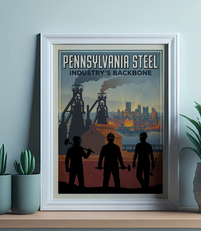 Pennsylvania Steel Industry's Backbone poster with industrial scene and silhouetted workers.