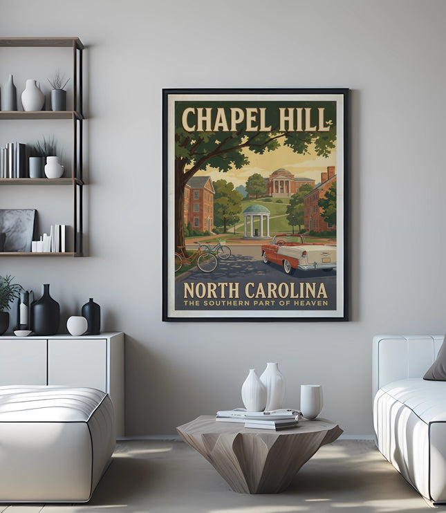 Chapel Hill, North Carolina travel poster with vintage cars and buildings.