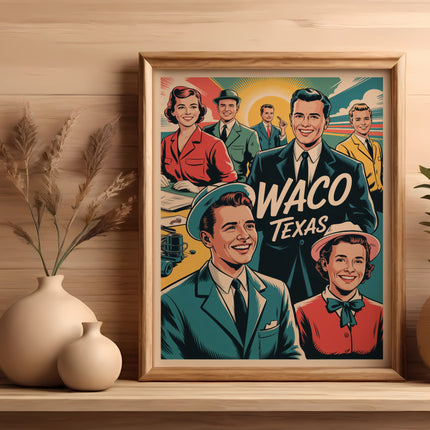 Framed retro print of five smiling people with "WACO TEXAS" text.