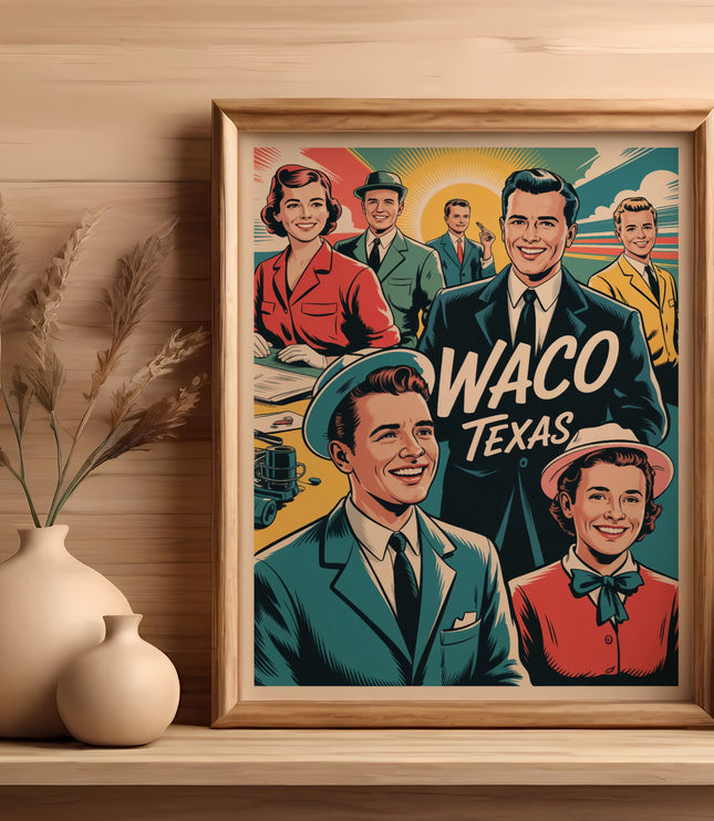 Framed retro print of five smiling people with "WACO TEXAS" text.