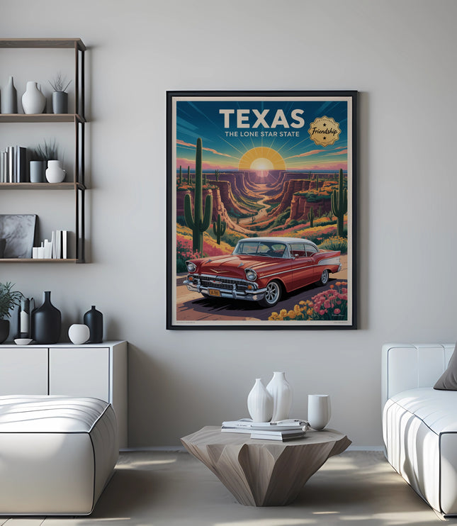 Framed Texas Lone Star State poster featuring a classic red car and desert landscape.