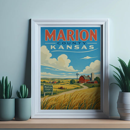 Framed poster of Marion County, Kansas farm landscape with windmill and crops.