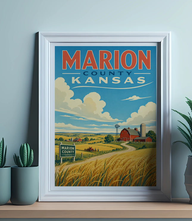 Framed poster of Marion County, Kansas farm landscape with windmill and crops.