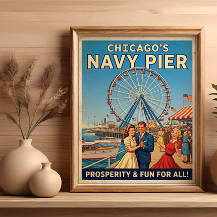 Vintage poster of Chicago's Navy Pier with Ferris wheel and couple.