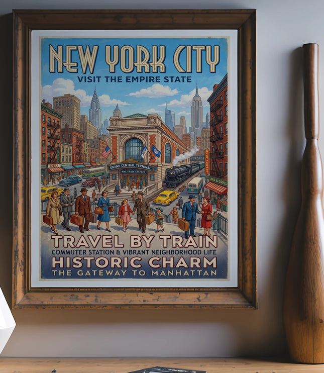 New York City vintage travel poster of Grand Central Terminal and skyline.