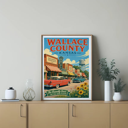 Vintage poster of Sharon Springs, Wallace County, Kansas, featuring classic cars and buildings.