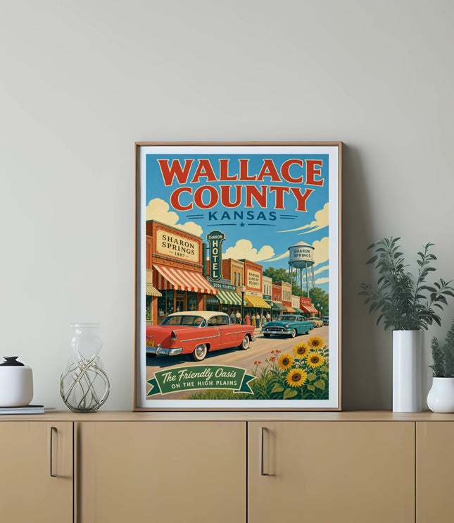 Vintage poster of Sharon Springs, Wallace County, Kansas, featuring classic cars and buildings.