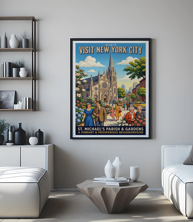 Vintage "Visit New York City" poster of St. Michael's Parish & Gardens.