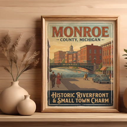 Monroe County, Michigan vintage poster depicting riverfront and small town charm.