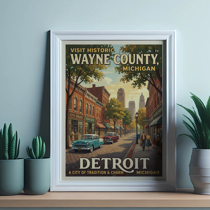 Detroit Michigan travel poster with vintage cars, buildings, and text.