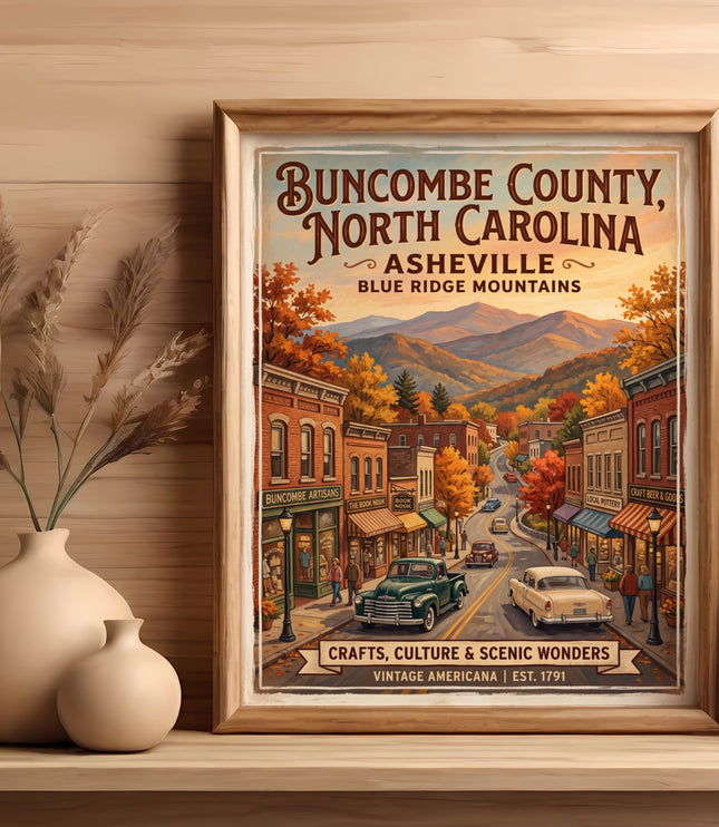 Buncombe County, North Carolina poster featuring Asheville and the Blue Ridge Mountains.
