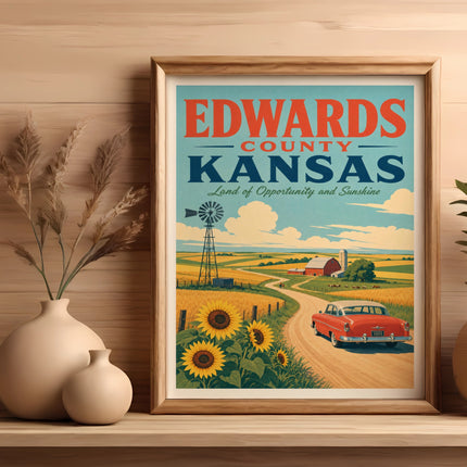 Vintage poster of Edwards County Kansas, featuring a red car, sunflowers, and windmill.