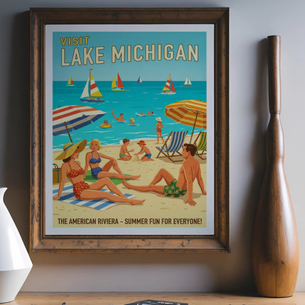 Vintage "Visit Lake Michigan: The American Riviera" poster with people on a beach.