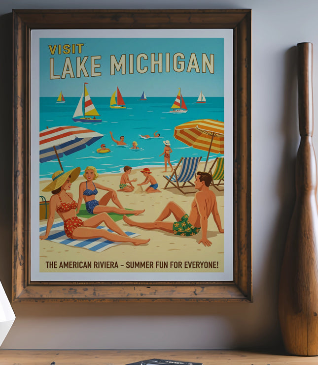 Vintage "Visit Lake Michigan: The American Riviera" poster with people on a beach.