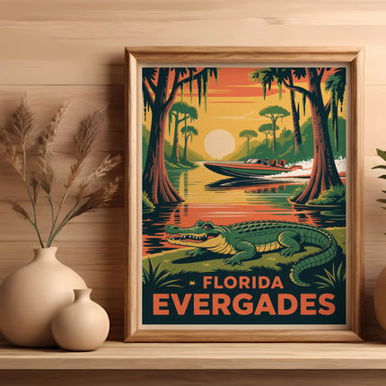 Framed "Florida Everglades" poster with alligator, boat, and palm trees at sunset.