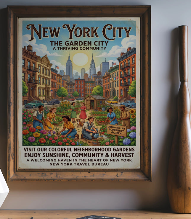 New York City print: The Garden City, community gardens and people gardening.