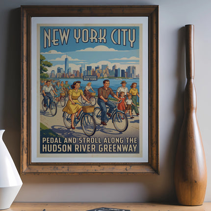 New York City vintage poster featuring cyclists on Hudson River Greenway.