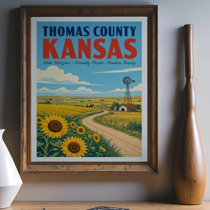 Thomas County, Kansas vintage travel poster with sunflowers and windmill.