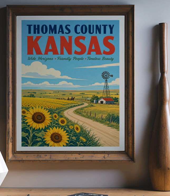 Thomas County, Kansas vintage travel poster with sunflowers and windmill.